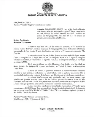 Moção da Câmara Municipal de Alta Floresta